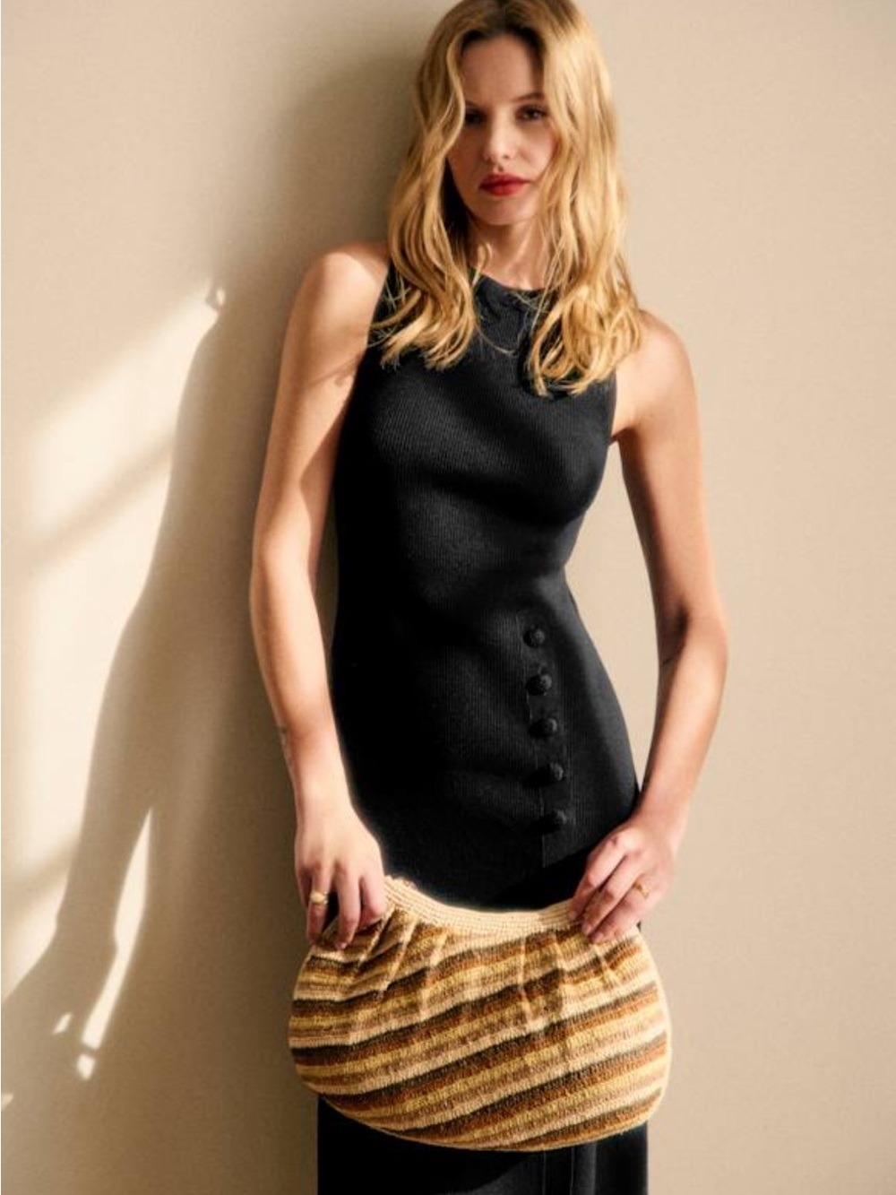 Sézane Harena Black Ribbed Knit Button Midi Dress XS - Excellent Condition